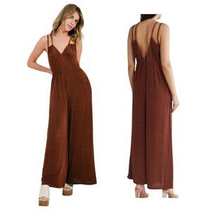 Topshop Metallic Rust Brown Double Strap Wide-Leg Jumpsuit – L (US 12)
